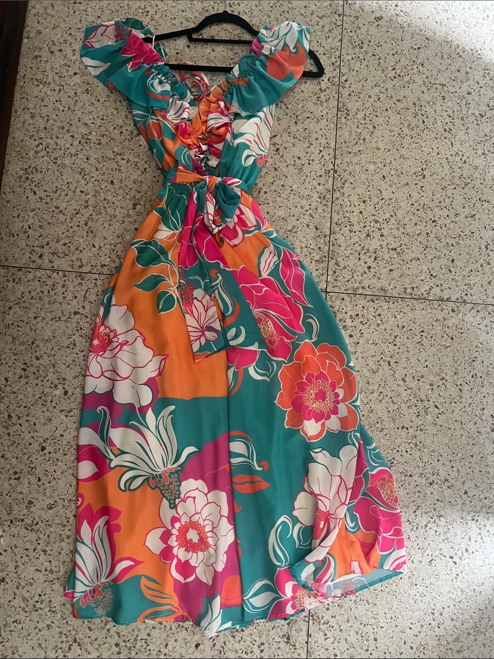 Flying Tomato Teal, Orange & Pink Floral Ruffle Midi/Maxi Dress